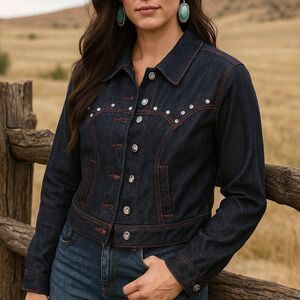 Unique Vintage Dark Denim rhinestone Western Boxy Crop Jacket XL